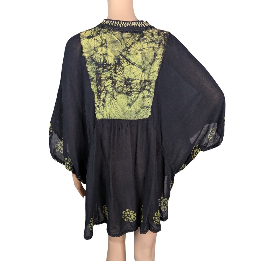 Fashion Terminal Lime Green Black Batik Caftan Tunic Top OS Embroidered Batwing - Picture 7 of 8